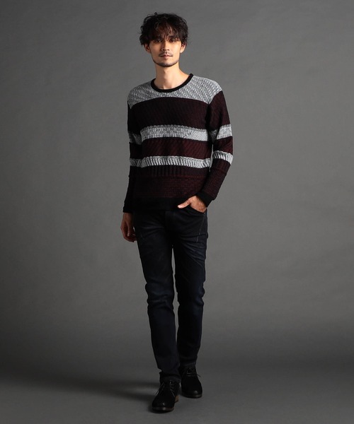 NICOLE CLUB FOR MEN（ニコルクラブフォーメン）の「編地切替 シャギーランダムボーダーニット（ニット/セーター・メンズ・ホワイト系1/ブラック系1/ブラック×グレー・MEDIUM/LARGE/X-LARGE）」の4枚目の写真