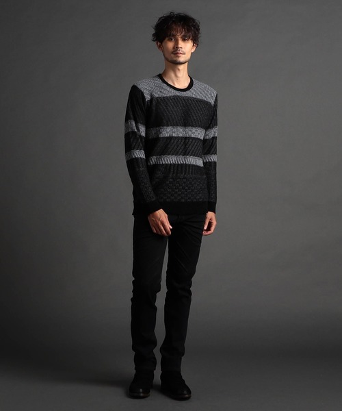 NICOLE CLUB FOR MEN（ニコルクラブフォーメン）の「編地切替 シャギーランダムボーダーニット（ニット/セーター・メンズ・ホワイト系1/ブラック系1/ブラック×グレー・MEDIUM/LARGE/X-LARGE）」の6枚目の写真