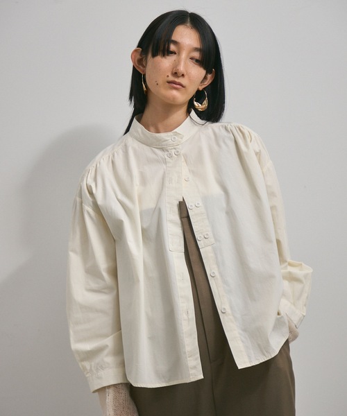 ブラウス シャツ W button satin shirt レディース 長袖シャツ プルオーバー スタンドカラー Vネック サテン 光沢