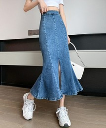 レディース ハイウエスト デニムマーメイドスカートロング ストレッチ