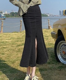 レディース ハイウエスト デニムマーメイドスカートロング ストレッチ