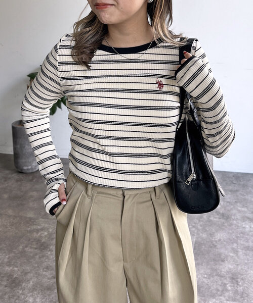U.S. POLO ASSN.(ユーエスポロアッスン)の「【U.S. POLO ASSN.】クルーネックリブロンT(Tシャツ/カットソー・レディース・アイボリー/ブラック/グリーン系その他/ホワイト系その他/グレー・FREE)」の3枚目の写真