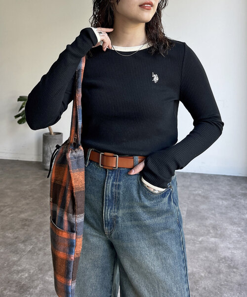 U.S. POLO ASSN.(ユーエスポロアッスン)の「【U.S. POLO ASSN.】クルーネックリブロンT(Tシャツ/カットソー・レディース・アイボリー/ブラック/グリーン系その他/ホワイト系その他/グレー・FREE)」の1枚目の写真