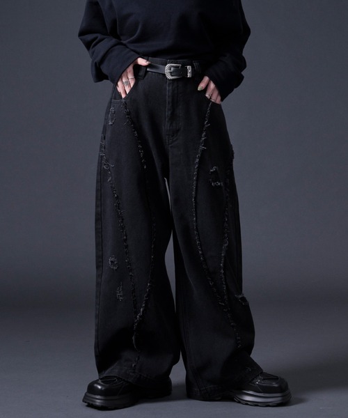 Ellno Loset(エルノロゼット)の「フリンジラインダメージデニム(デニムパンツ・メンズ・ブラック・MEDIUM/SMALL/X-SMALL/LARGE)」の1枚目の写真