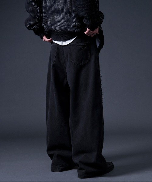 Ellno Loset(エルノロゼット)の「フリンジラインダメージデニム(デニムパンツ・メンズ・ブラック・MEDIUM/SMALL/X-SMALL/LARGE)」の3枚目の写真
