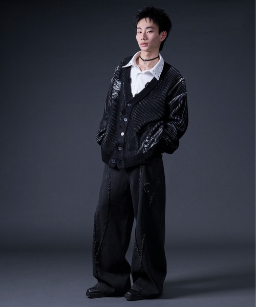 Ellno Loset(エルノロゼット)の「フリンジラインダメージデニム(デニムパンツ・メンズ・ブラック・MEDIUM/SMALL/X-SMALL/LARGE)」の5枚目の写真