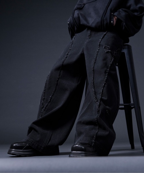 Ellno Loset(エルノロゼット)の「フリンジラインダメージデニム(デニムパンツ・メンズ・ブラック・MEDIUM/SMALL/X-SMALL/LARGE)」の12枚目の写真