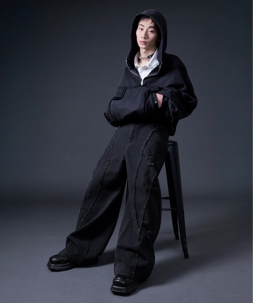 Ellno Loset(エルノロゼット)の「フリンジラインダメージデニム(デニムパンツ・メンズ・ブラック・MEDIUM/SMALL/X-SMALL/LARGE)」の13枚目の写真