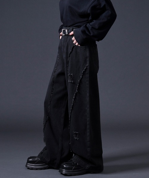 Ellno Loset(エルノロゼット)の「フリンジラインダメージデニム(デニムパンツ・メンズ・ブラック・MEDIUM/SMALL/X-SMALL/LARGE)」の18枚目の写真