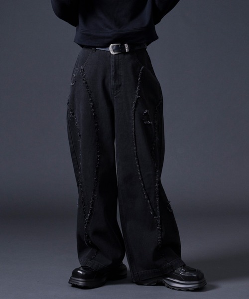 Ellno Loset(エルノロゼット)の「フリンジラインダメージデニム(デニムパンツ・メンズ・ブラック・MEDIUM/SMALL/X-SMALL/LARGE)」の17枚目の写真