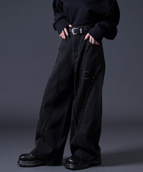 Ellno Loset(エルノロゼット)の「フリンジラインダメージデニム(デニムパンツ・メンズ・ブラック・MEDIUM/SMALL/X-SMALL/LARGE)」の19枚目の写真