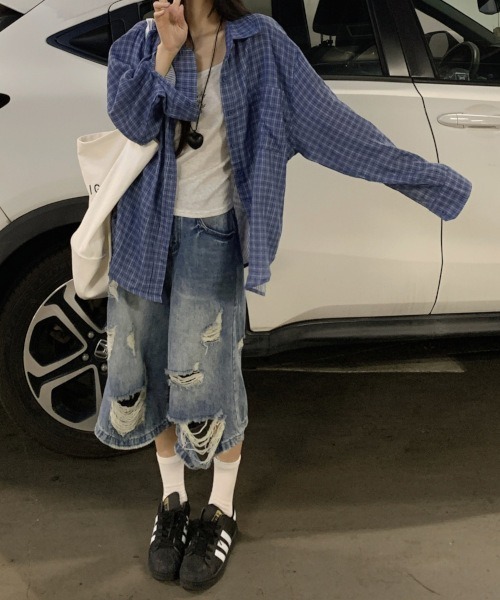 MASHIRO(マシロ)の「【MASHIRO】ブルーチェックゆるシャツ/裏地ボーダー(MA/EK95)(シャツ/ブラウス・レディース・ブルー・FREE)」の14枚目の写真