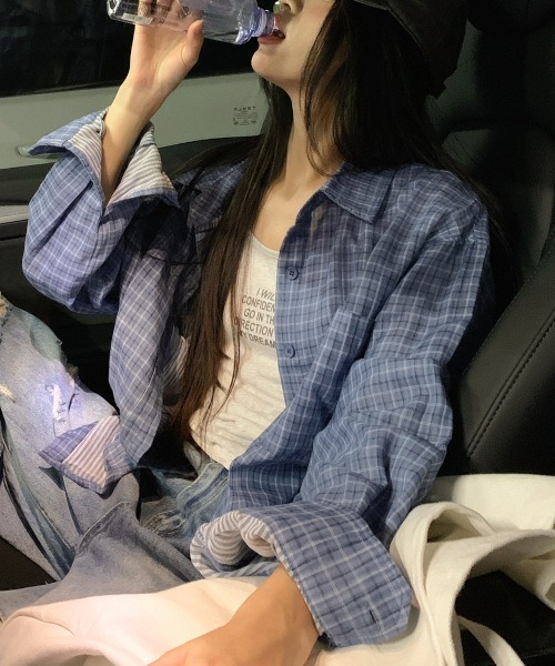 MASHIRO(マシロ)の「【MASHIRO】ブルーチェックゆるシャツ/裏地ボーダー(MA/EK95)(シャツ/ブラウス・レディース・ブルー・FREE)」の12枚目の写真