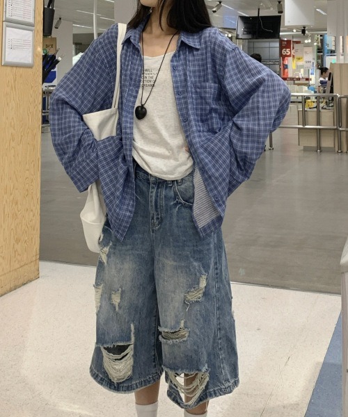 MASHIRO(マシロ)の「【MASHIRO】ブルーチェックゆるシャツ/裏地ボーダー(MA/EK95)(シャツ/ブラウス・レディース・ブルー・FREE)」の11枚目の写真