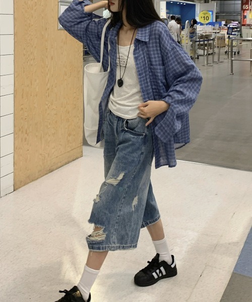MASHIRO(マシロ)の「【MASHIRO】ブルーチェックゆるシャツ/裏地ボーダー(MA/EK95)(シャツ/ブラウス・レディース・ブルー・FREE)」の9枚目の写真