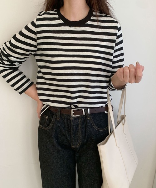 LOWO(ロワ)の「ボーダーカットソー(Tシャツ/カットソー・レディース・ブラック/ネイビー/ブルー/ピンクベージュ・FREE)」の6枚目の写真