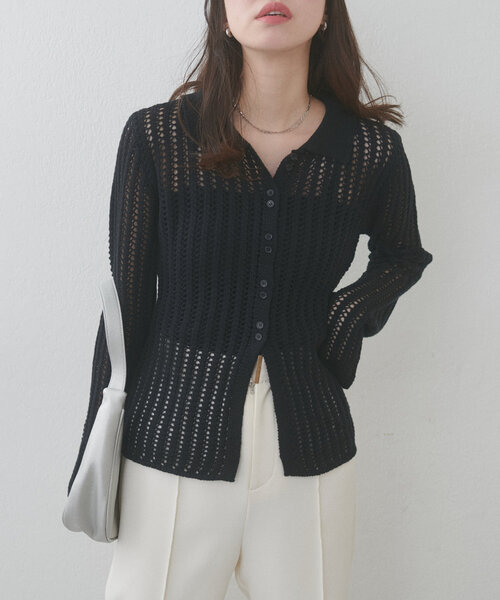 natural couture（ナチュラルクチュール）の「【WEB限定】メッシュ編み衿付きニットカーディガン（カーディガン/ボレロ・レディース・ブラック/サックスブルー/アイボリー・FREE）」の3枚目の写真