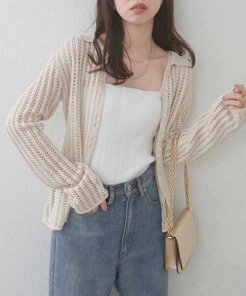 natural couture（ナチュラルクチュール）の「【WEB限定】メッシュ編み衿付きニットカーディガン（カーディガン/ボレロ・レディース・ブラック/サックスブルー/アイボリー・FREE）」の6枚目の写真