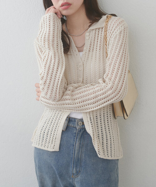 natural couture（ナチュラルクチュール）の「【WEB限定】メッシュ編み衿付きニットカーディガン（カーディガン/ボレロ・レディース・ブラック/サックスブルー/アイボリー・FREE）」の7枚目の写真