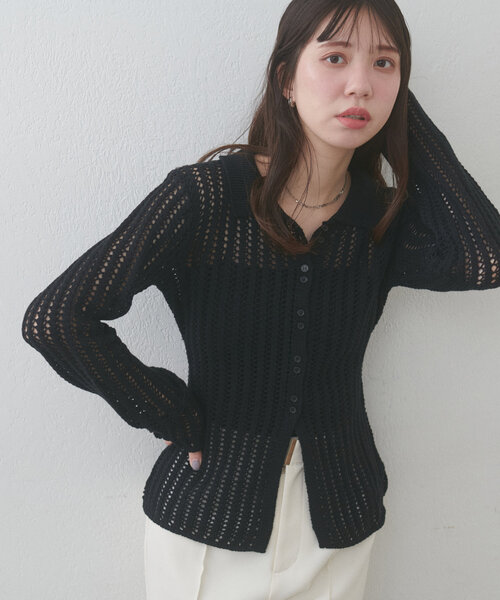 natural couture（ナチュラルクチュール）の「【WEB限定】メッシュ編み衿付きニットカーディガン（カーディガン/ボレロ・レディース・ブラック/サックスブルー/アイボリー・FREE）」の10枚目の写真