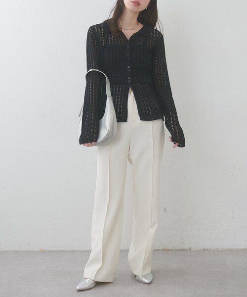 natural couture（ナチュラルクチュール）の「【WEB限定】メッシュ編み衿付きニットカーディガン（カーディガン/ボレロ・レディース・ブラック/サックスブルー/アイボリー・FREE）」の11枚目の写真