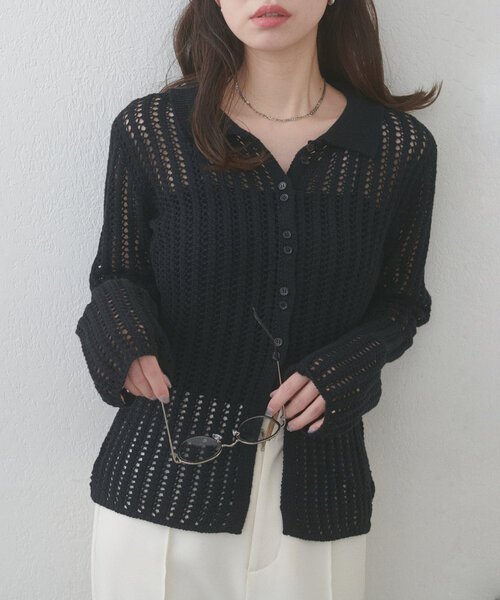 natural couture（ナチュラルクチュール）の「【WEB限定】メッシュ編み衿付きニットカーディガン（カーディガン/ボレロ・レディース・ブラック/サックスブルー/アイボリー・FREE）」の12枚目の写真