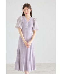シャイニーシフォンバルーンスリーブ切り替えパール付きリブニットワンピース