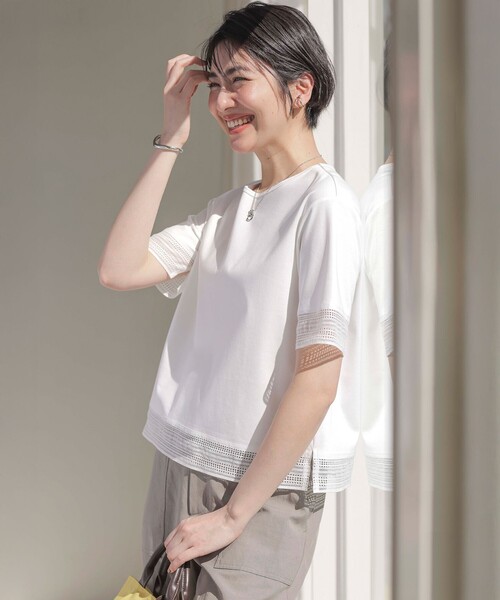 J.PRESS Ladies(J.プレス レディス)の「【洗える】スムースジャージー レース カットソー(Tシャツ/カットソー・レディース・ホワイト系/イエロー系/ピンク系/サックスブルー系/ネイビー系・SMALL)」の3枚目の写真
