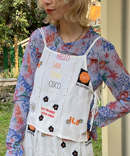 tシャツ 「HELLO.SANFRANCISCO/ハローサンフランシスコ」indiaオリジナル刺繍サテンキャミ レディース セール】【HELLO.SANFRANCISCO】indiaオリジナル刺繍サテン