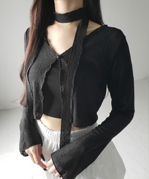 ※※【 2color / 2WAY 】チョーカーロングタイ付きショートシアーカーディガン / choker long tie set short sheer cardigan