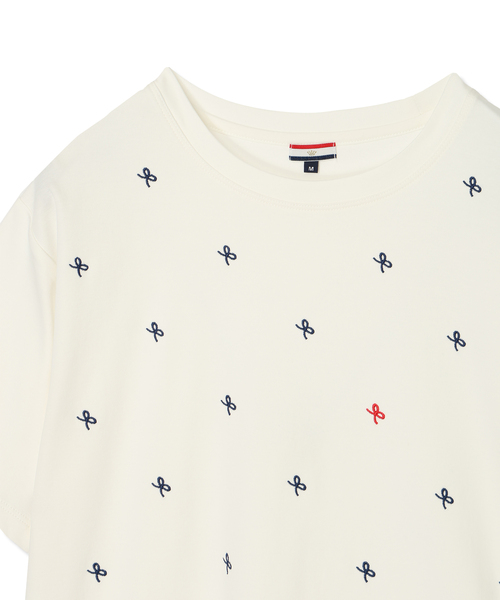 Petit Honfleur(プチオンフルール)の「【接触冷感・UVカット】オーガニックコットンリボン刺繍Tシャツ(Tシャツ/カットソー・レディース・ネイビー/ホワイト・M/L)」の5枚目の写真