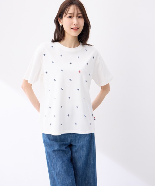 Petit Honfleur(プチオンフルール)の「【接触冷感・UVカット】オーガニックコットンリボン刺繍Tシャツ(Tシャツ/カットソー・レディース・ネイビー/ホワイト・M/L)」の2枚目の写真