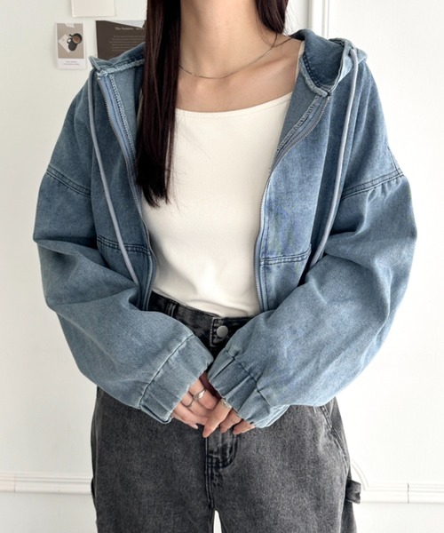 wears（ウェアーズ）の「デニムショートパーカージャケット（パーカー・レディース・ブラック/ブルー・FREE）」の2枚目の写真