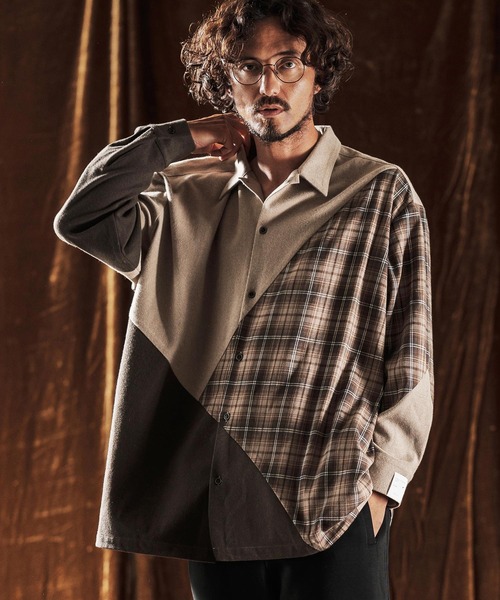 ANGENEHM（アンゲネーム）の「ms6205-Mixed Fabric Panel Shirt シャツ(AG05-018acf)（シャツ/ブラウス・メンズ・ベージュ/グレー・S/L/M）」の2枚目の写真