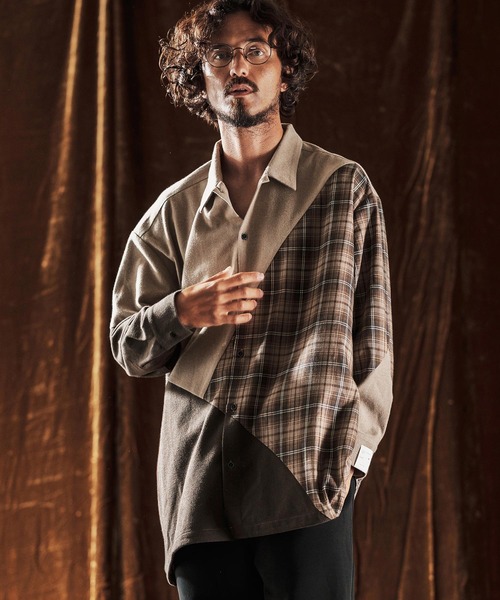 ANGENEHM（アンゲネーム）の「ms6205-Mixed Fabric Panel Shirt シャツ(AG05-018acf)（シャツ/ブラウス・メンズ・ベージュ/グレー・S/L/M）」の5枚目の写真