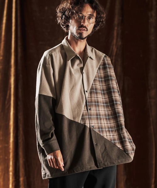 ANGENEHM（アンゲネーム）の「ms6205-Mixed Fabric Panel Shirt シャツ(AG05-018acf)（シャツ/ブラウス・メンズ・ベージュ/グレー・S/L/M）」の6枚目の写真