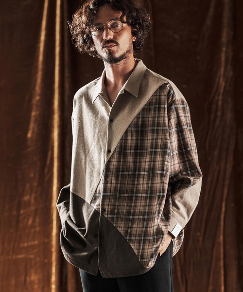 ANGENEHM（アンゲネーム）の「ms6205-Mixed Fabric Panel Shirt シャツ(AG05-018acf)（シャツ/ブラウス・メンズ・ベージュ/グレー・S/L/M）」の7枚目の写真