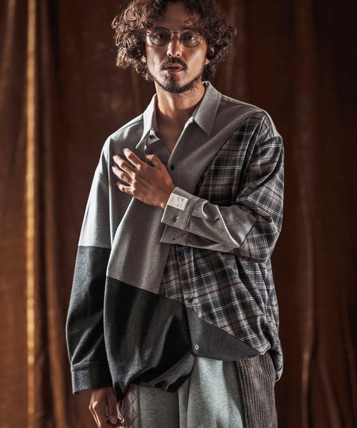 ANGENEHM（アンゲネーム）の「ms6205-Mixed Fabric Panel Shirt シャツ(AG05-018acf)（シャツ/ブラウス・メンズ・ベージュ/グレー・S/L/M）」の11枚目の写真