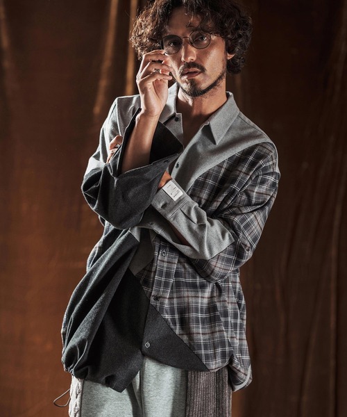 ANGENEHM（アンゲネーム）の「ms6205-Mixed Fabric Panel Shirt シャツ(AG05-018acf)（シャツ/ブラウス・メンズ・ベージュ/グレー・S/L/M）」の12枚目の写真