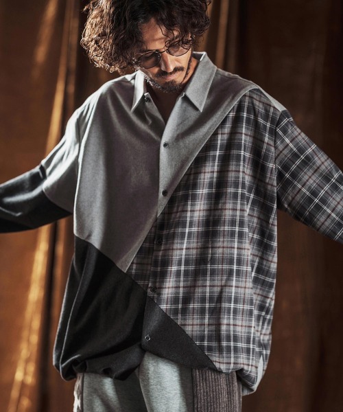 ANGENEHM（アンゲネーム）の「ms6205-Mixed Fabric Panel Shirt シャツ(AG05-018acf)（シャツ/ブラウス・メンズ・ベージュ/グレー・S/L/M）」の13枚目の写真