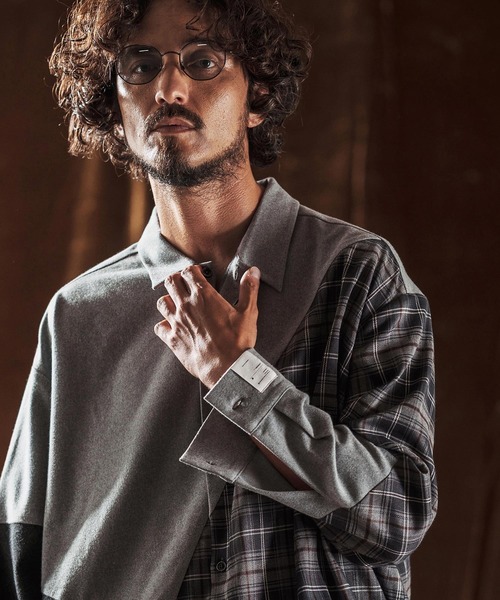 ANGENEHM（アンゲネーム）の「ms6205-Mixed Fabric Panel Shirt シャツ(AG05-018acf)（シャツ/ブラウス・メンズ・ベージュ/グレー・S/L/M）」の14枚目の写真