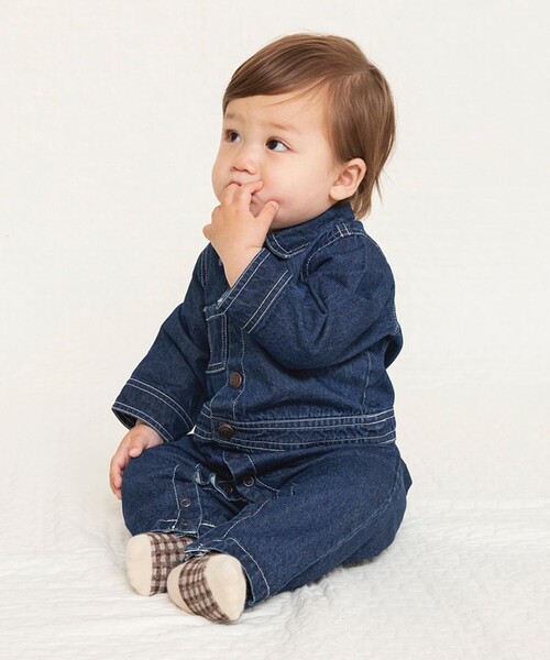 BRANSHES（ブランシェス）の「デニム/ツイルカバーオール（ロンパース・キッズ・ネイビー/キャメル・80）」の3枚目の写真