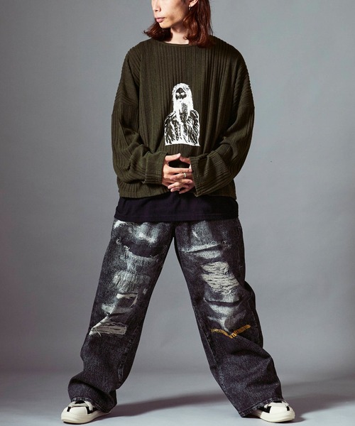 Damage print design curved denim/ダメージプリントデザイン カーブ