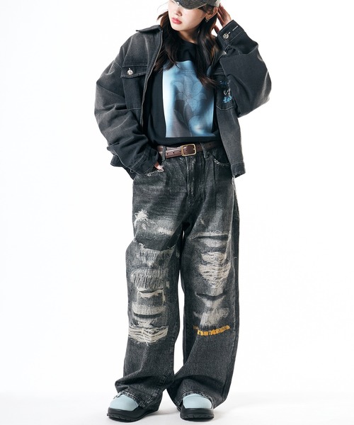 Theater code（シアターコード）の「Damage print design curved denim/ダメージプリントデザイン カーブデニムメンズ（デニムパンツ・メンズ・ブラック・M/L）」の18枚目の写真