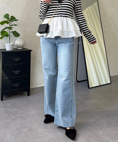 prose verse（プロズヴェール）の「ウエストゴムストレッチセミフレアデニム（デニムパンツ・レディース・インディゴブルー/サックスブルー/ブルー・PL/PM/LARGE/MEDIUM）」の2枚目の写真