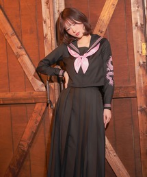 Tika(ティカ)のコスプレ 制服 かわいい セーラー服 スケバン風 長袖 体型カバー ドラゴン刺繍 ロングスカート 4点セット ハロウィン(コスチューム/パーティーグッズ)