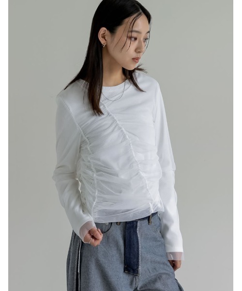 Re:EDIT(リエディ)の「リブ×チュール長袖レイヤードトップス(Tシャツ/カットソー・レディース・ホワイト/ブラック/グレー・MEDIUM)」の1枚目の写真