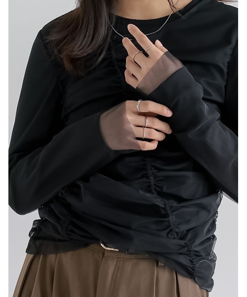 Re:EDIT(リエディ)の「リブ×チュール長袖レイヤードトップス(Tシャツ/カットソー・レディース・ホワイト/ブラック/グレー・MEDIUM)」の7枚目の写真