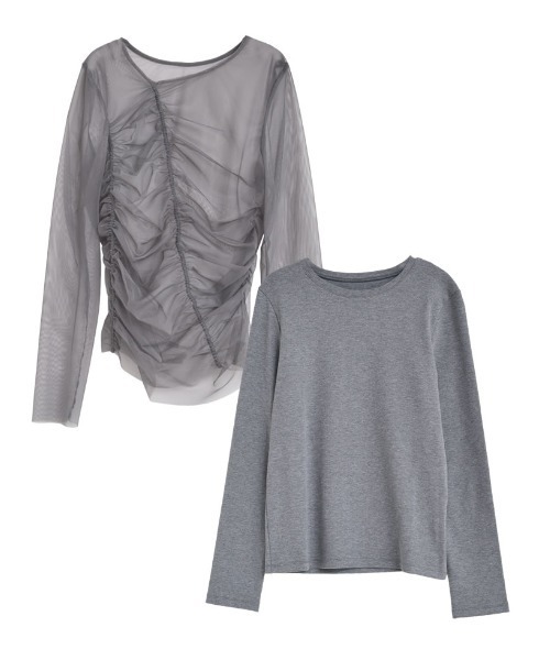 Re:EDIT(リエディ)の「リブ×チュール長袖レイヤードトップス(Tシャツ/カットソー・レディース・ホワイト/ブラック/グレー・MEDIUM)」の17枚目の写真
