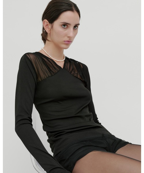 kiehtova(キエトヴァ)の「【kiehtova】TULLE DOCKING TOPS/チュール ドッキング トップス(Tシャツ/カットソー・レディース・アイボリー/ブラック/グレー・FREE)」の2枚目の写真